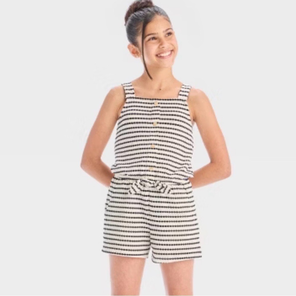 Cat & Jack Girls Black White Striped Romper Size L 10 12 Textured